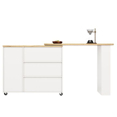 Table Haute Pivotante à 360° Sur Roulettes, Blanche, Avec 3 Tiroirs (135-203 X 39 X 106 Cm)