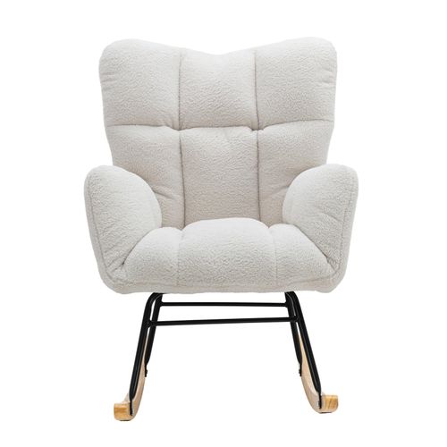 Chaise à Bascule Mid-century En Tissu Teddy, Blanche, Pour Salon Et Chambre