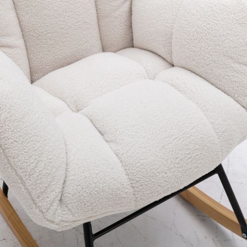 Chaise à Bascule Mid-century En Tissu Teddy, Blanche, Pour Salon Et Chambre