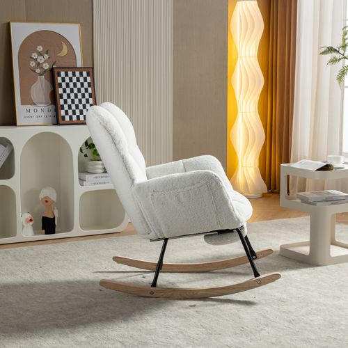 Chaise à Bascule Teddy Rembourrée Avec Repose-pieds Escamotable, Blanche