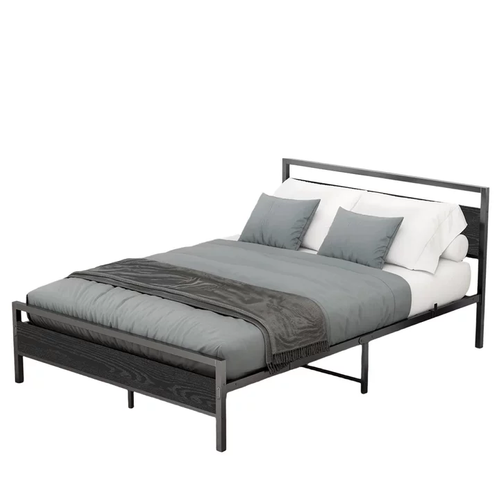 Lit En Métal 140 × 200 Cm Avec Tête De Lit, Cadre De Lit Silencieux, Noir