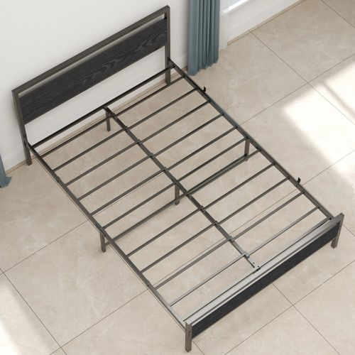 Lit En Métal 140 × 200 Cm Avec Tête De Lit, Cadre De Lit Silencieux, Noir