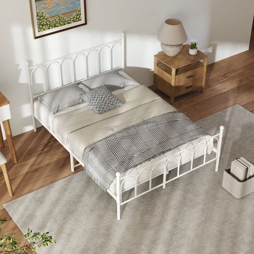 Lit 140x200cm Métal, Tête Et Pied Vintage, Rangement Sous Le Lit,blanc