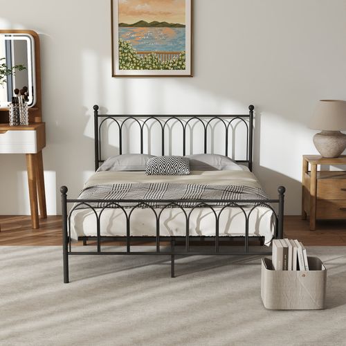Lit 140x200cm Métal, Tête Et Pied Vintage, Rangement Sous Le Lit,noir