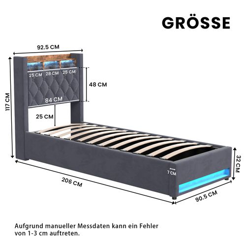 Lit enfant Rembourré 90x190 Cm Avec Port USB, LED, Lit Pour Adolescents ,gris