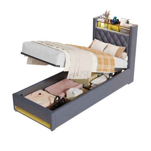 Lit enfant Rembourré 90x190 Cm Avec Port USB, LED, Lit Pour Adolescents ,gris