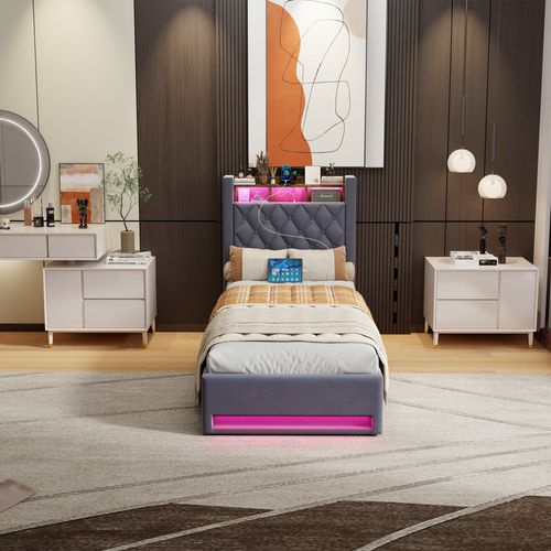 Lit enfant Rembourré 90x190 Cm Avec Port USB, LED, Lit Pour Adolescents ,gris