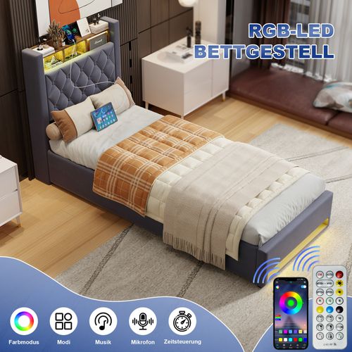 Lit enfant Rembourré 90x190 Cm Avec Port USB, LED, Lit Pour Adolescents ,gris