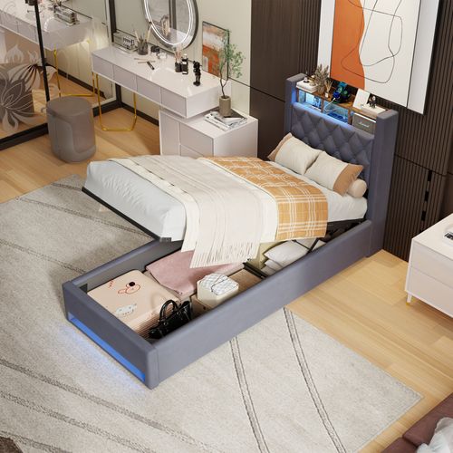 Lit enfantRembourré 90x200 Cm Avec Port USB, LED,  Lit Pour Adolescents ,gris