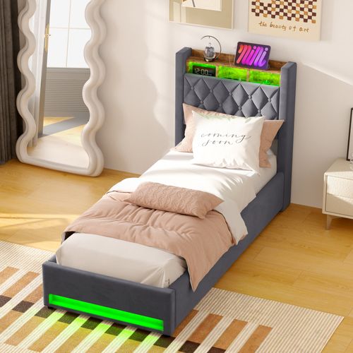 Lit enfantRembourré 90x200 Cm Avec Port USB, LED,  Lit Pour Adolescents ,gris