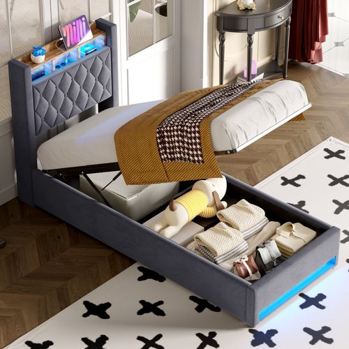 Lit enfantRembourré 90x200 Cm Avec Port USB, LED,  Lit Pour Adolescents ,gris