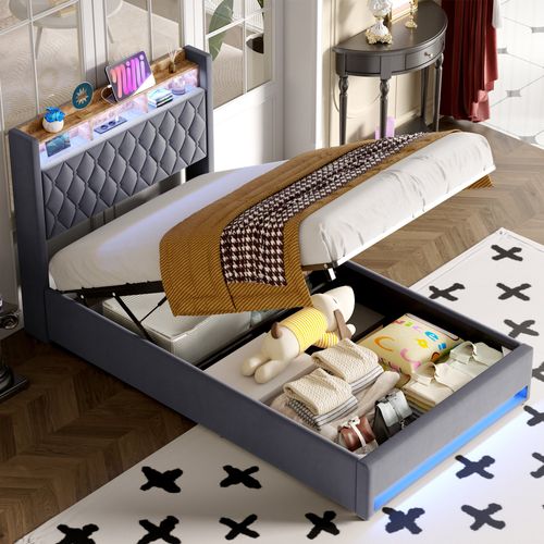 Lit Double Rembourré 140x200 Cm Avec Port USB, LED,lit Pour Adolescents ,gris