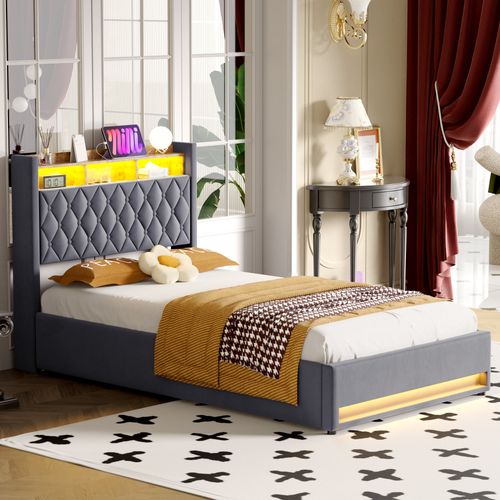 Lit Double Rembourré 140x200 Cm Avec Port USB, LED,lit Pour Adolescents ,gris