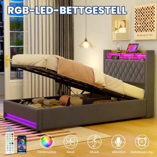 Lit Double Rembourré 140x200 Cm Avec Port USB, LED,lit Pour Adolescents ,gris
