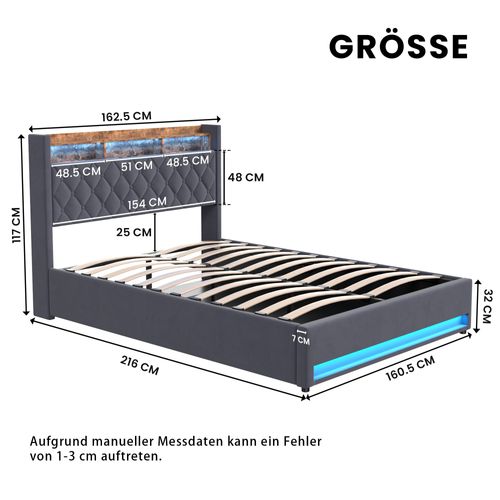 Lit Double Rembourré 160x200 Cm Avec Port USB, LED,gris