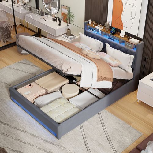 Lit Double Rembourré 160x200 Cm Avec Port USB, LED,gris