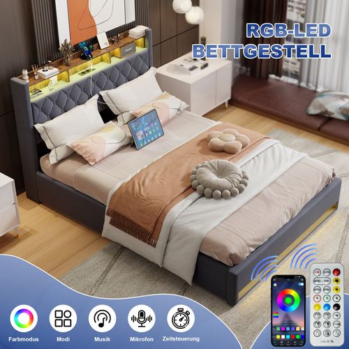 Lit Double Rembourré 160x200 Cm Avec Port USB, LED,gris