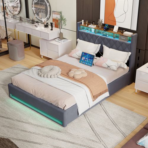 Lit Double Rembourré 160x200 Cm Avec Port USB, LED,gris