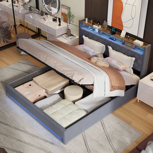 Lit Double Rembourré 180x200 Cm Avec Port USB, LED,gris