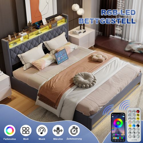 Lit Double Rembourré 180x200 Cm Avec Port USB, LED,gris