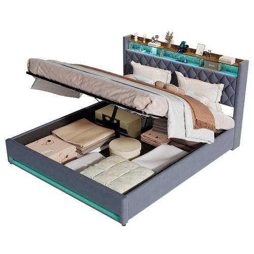 Lit Double Rembourré 180x200 Cm Avec Port USB, LED,gris