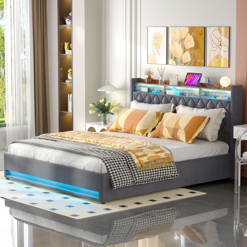 Lit Double Rembourré 180x200 Cm Avec Port USB, LED,gris