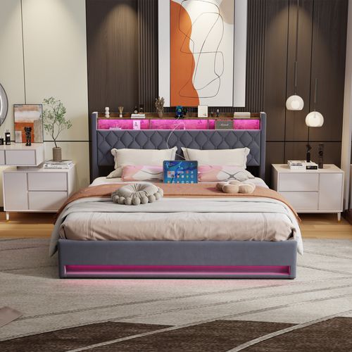 Lit Double Rembourré 180x200 Cm Avec Port USB, LED,gris