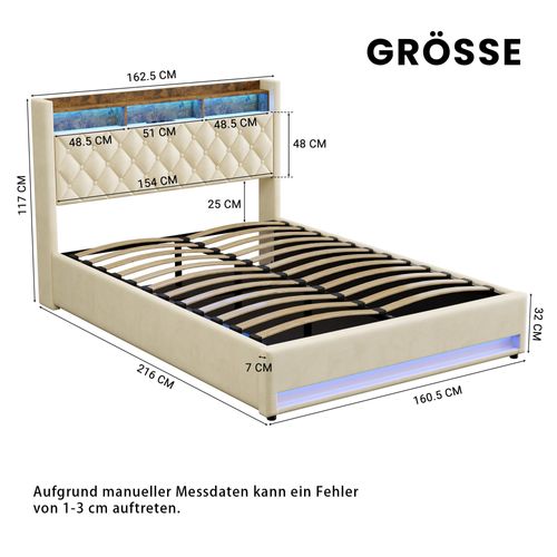 Lit Double Rembourré 160x200 Cm Avec Port USB, LED,beige