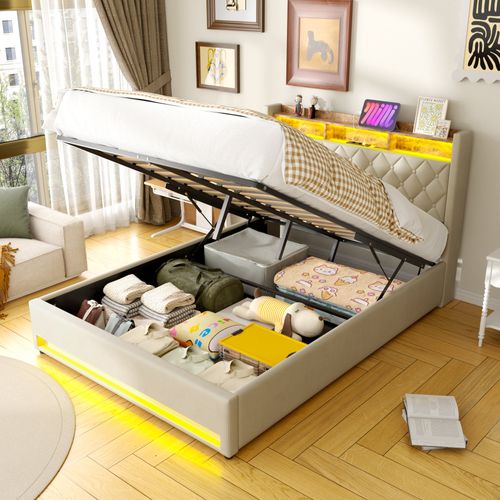 Lit Double Rembourré 160x200 Cm Avec Port USB, LED,beige