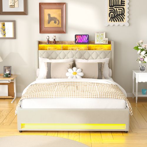 Lit Double Rembourré 160x200 Cm Avec Port USB, LED,beige