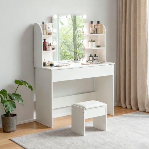 Coiffeuse Maquillage 10 Lampes LED Réglables, Miroir 3 Volets, Finition Blanche En Mdf