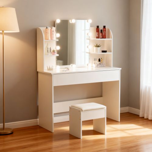 Coiffeuse Maquillage 10 Lampes LED Réglables, Miroir 3 Volets, Finition Blanche En Mdf