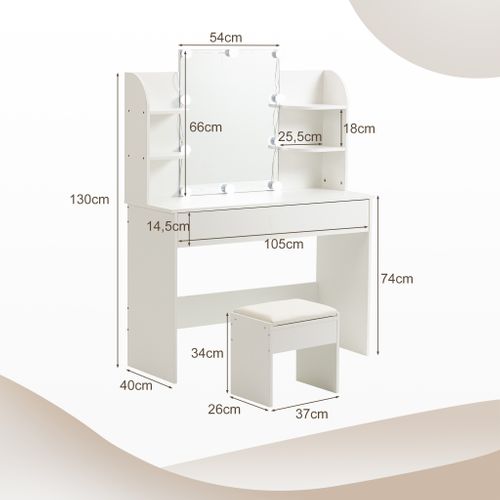 Coiffeuse Maquillage 10 Lampes LED Réglables, Miroir 3 Volets, Finition Blanche En Mdf