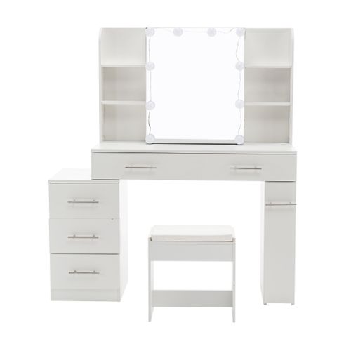 Coiffeuse Blanche En Mdf, 3 Tiroirs, Miroir Coulissant, Éclairage LED à 3 Températures.