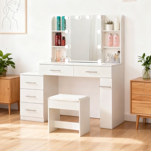 Coiffeuse Blanche En Mdf, 3 Tiroirs, Miroir Coulissant, Éclairage LED à 3 Températures.