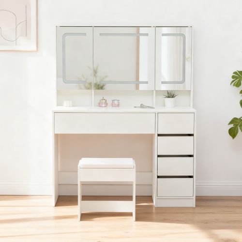 Coiffeuse Multifonction Blanche 5 Tiroirs Avec Miroir LED HD Et Rangement Dissimulé, Tabouret Inclus