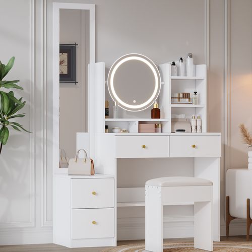 Coiffeuse 4-en-1 109x36x164 Cm Blanche — Miroir LED Tricolore, Miroir Pivotant 360° Et Rangement