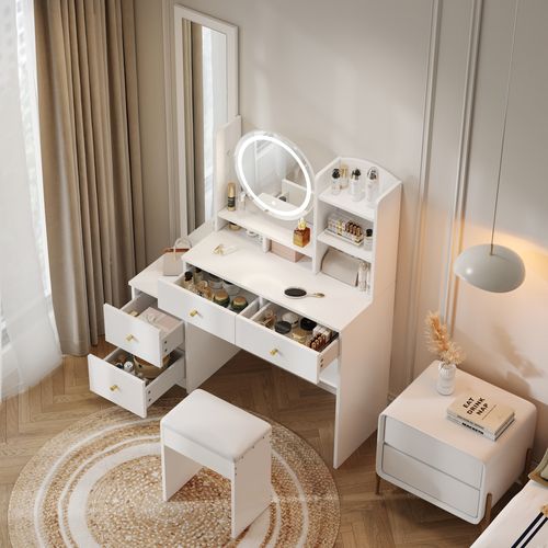 Coiffeuse 4-en-1 109x36x164 Cm Blanche — Miroir LED Tricolore, Miroir Pivotant 360° Et Rangement