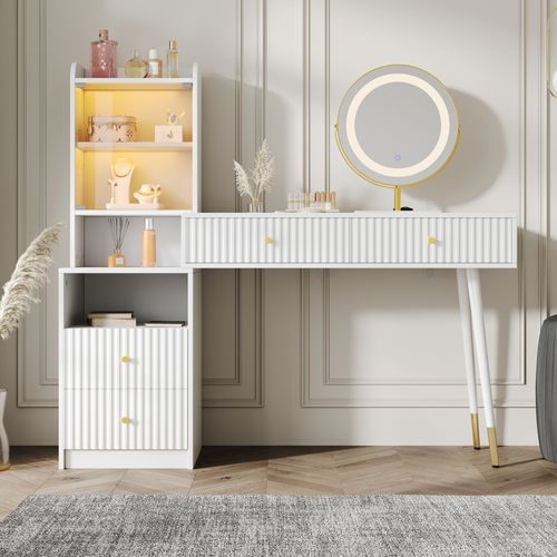 Coiffeuse 100 X 40 X 125 Cm Blanche Avec Miroir LED Tricolore, Vitrine Éclairée Et 4 Tiroirs