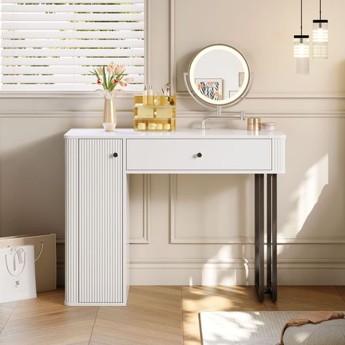 Coiffeuse 100x40x116 Cm Blanche, Miroir LED Dimmable 3 Tons, 1 Tiroir, Placard, Châssis Métal