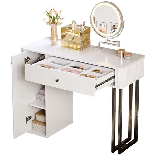 Coiffeuse 100x40x116 Cm Blanche, Miroir LED Dimmable 3 Tons, 1 Tiroir, Placard, Châssis Métal