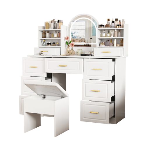 Coiffeuse 120x40x135 Cm Blanche Avec Miroir LED Trois Teintes, 9 Tiroirs Et Rangements Modulables