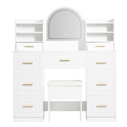 Coiffeuse 120x40x135 Cm Blanche Avec Miroir LED Trois Teintes, 9 Tiroirs Et Rangements Modulables