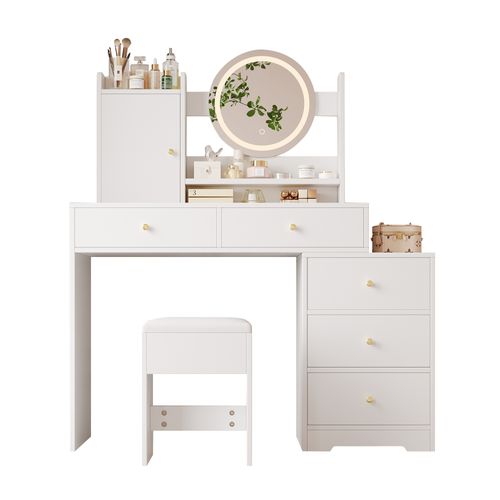 Coiffeuse 90x40x132 Cm En Mdf Blanc Avec Miroir Et Éclairage LED Dimmable 3 Couleurs, 5 Tiroirs