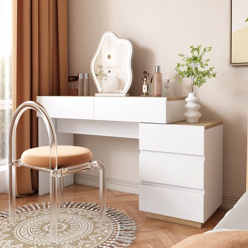 Coiffeuse Classique 5 Tiroirs Blanc Et Chêne En Panneaux E1 — Bureau De Rangement Stable Et Élégant