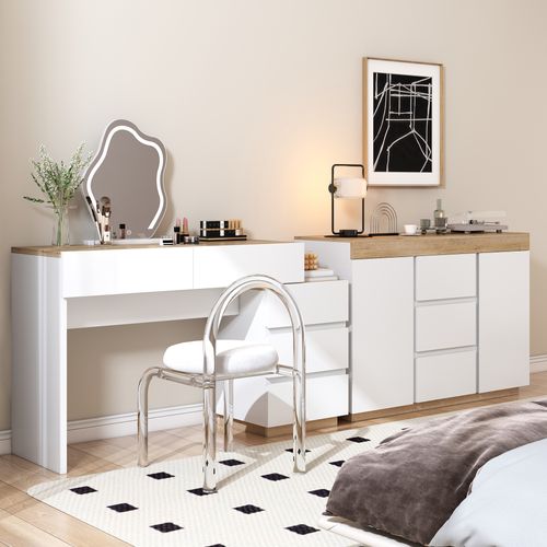 Coiffeuse Classique 5 Tiroirs Blanc Et Chêne En Panneaux E1 — Bureau De Rangement Stable Et Élégant