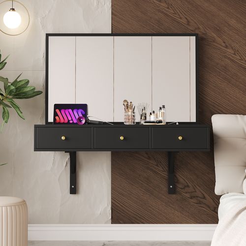 Coiffeuse Murale Avec Miroir, 3 Tiroirs, Prises, Porte-tablette, Noire, 100×105×45 Cm.