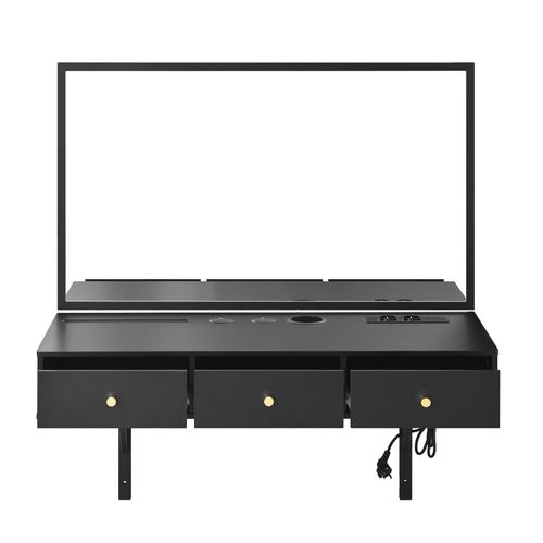Coiffeuse Murale Avec Miroir, 3 Tiroirs, Prises, Porte-tablette, Noire, 100×105×45 Cm.