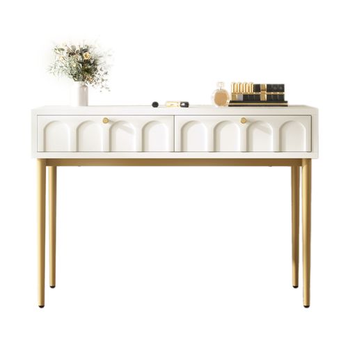 Coiffeuse Commode 100x45x76,5 Cm Crème-blanc – 2 Tiroirs Incurvés, Pieds Métal, Style Classique