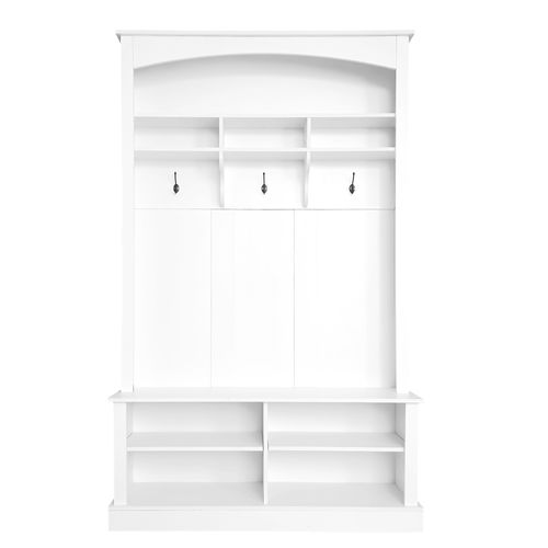 Meuble D'entrée 3-en-1 Blanc H190xl120xp40 Cm – Banc, Porte-manteau Et Étagères De Rangement